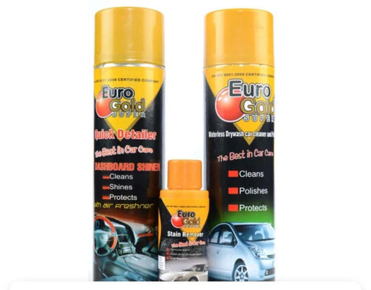 Euro Gold Super Car Care Kit -F-S (Pack of 4, Includes, Dashboard Shiner, Water-Less Dry-wash Cleaner, Stain Remover & Soft Sponge)
